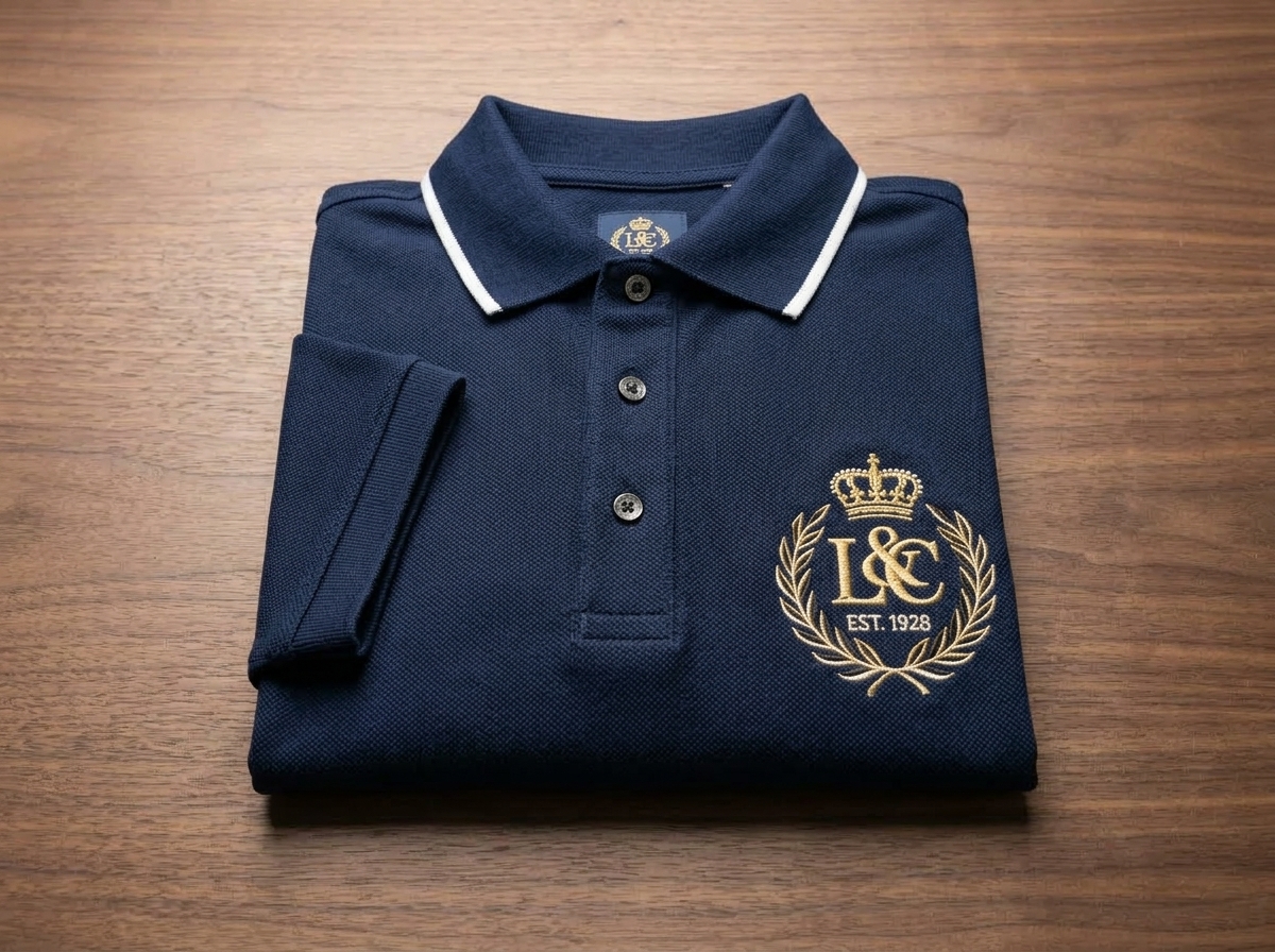 ภาพชิ้นงาน · เสื้อโปโลคอตตอนพรีเมียมพับเรียบร้อย ปกคอและตำแหน่งปักอกซ้าย